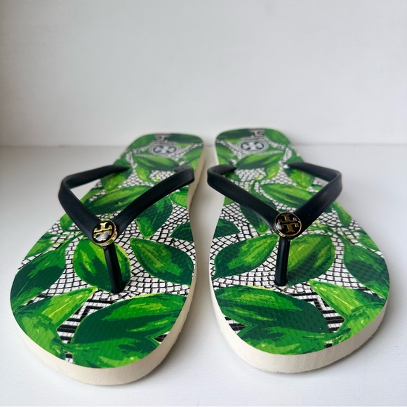 Tory Burch Unisex Adults Flip Flops With Green Leaves  Size:10M - Picture 1 of 14